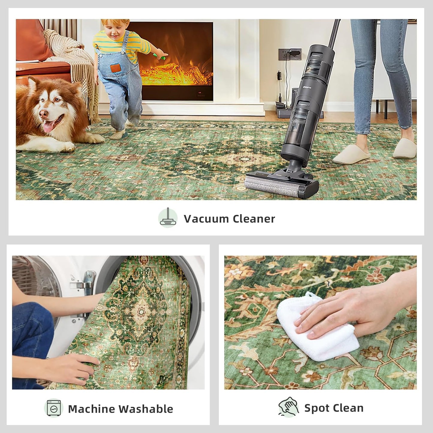 Green Vintage Area Rug 5x8 - Washable & Non-Slip