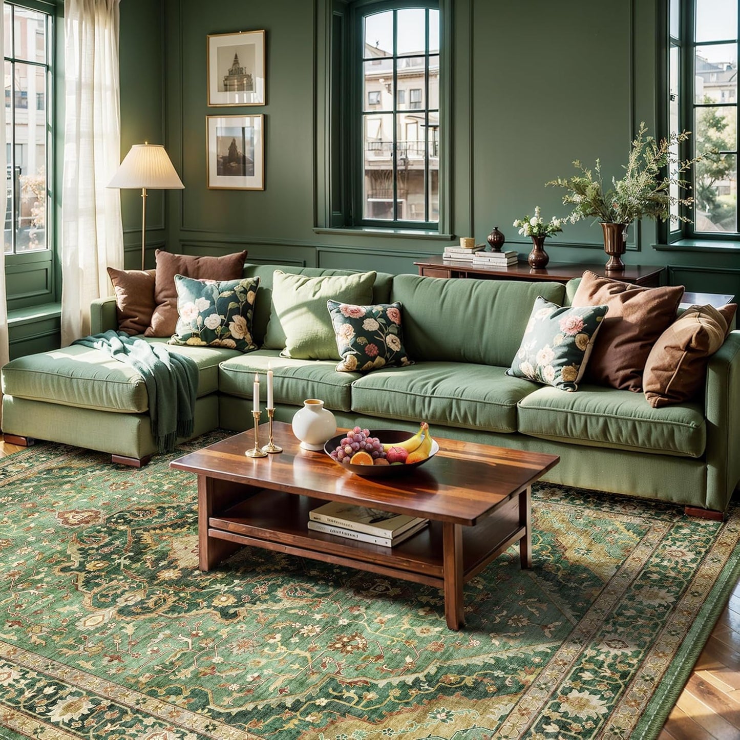 Green Vintage Area Rug 5x8 - Washable & Non-Slip