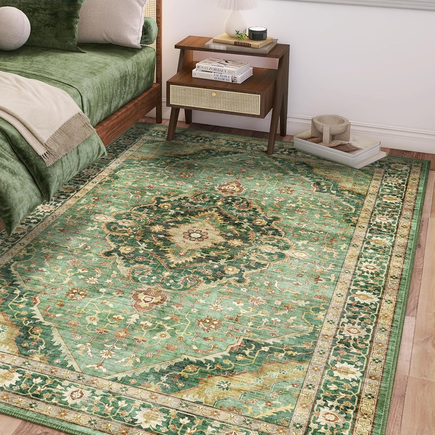 Green Vintage Area Rug 5x8 - Washable & Non-Slip