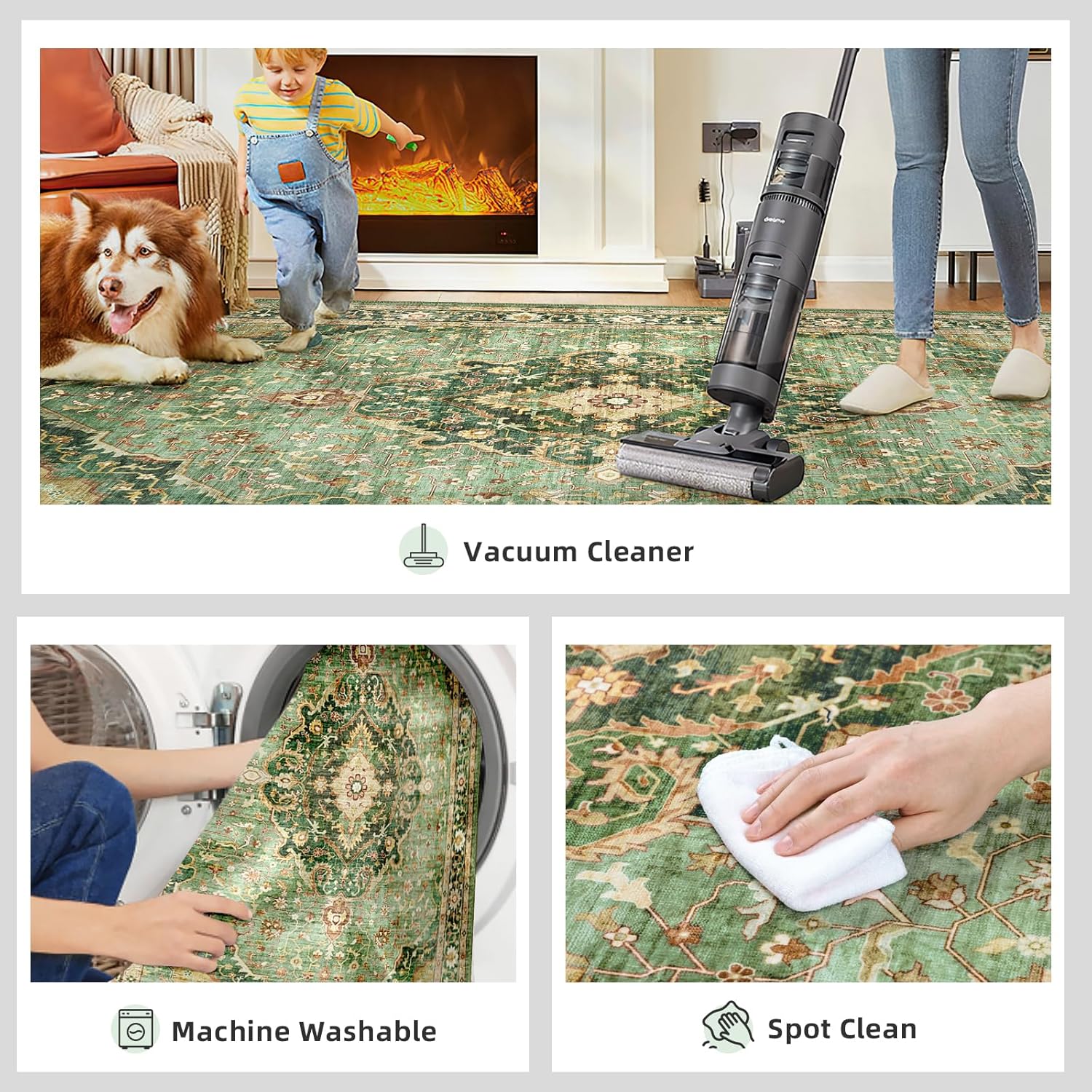 Green Vintage Area Rug 5x8 - Washable & Non-Slip