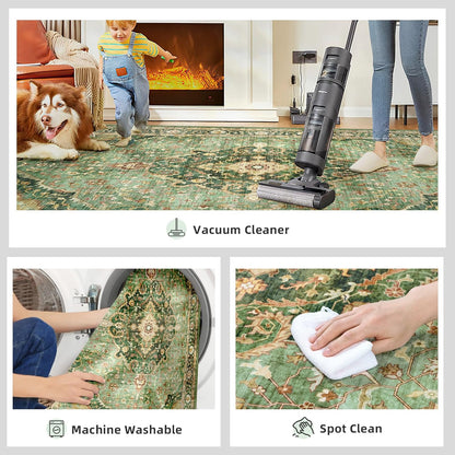 Green Vintage Area Rug 5x8 - Washable & Non-Slip