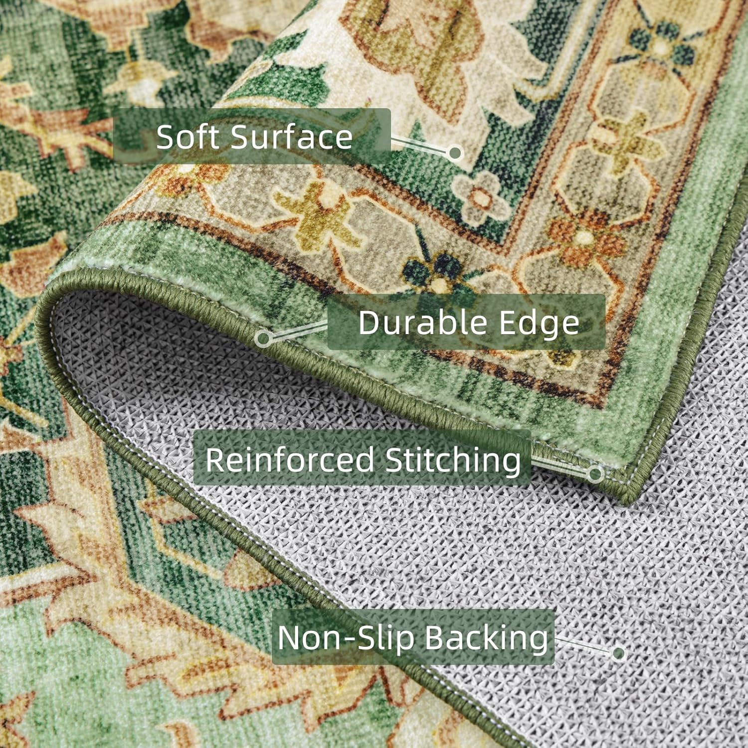 Green Vintage Area Rug 5x8 - Washable & Non-Slip