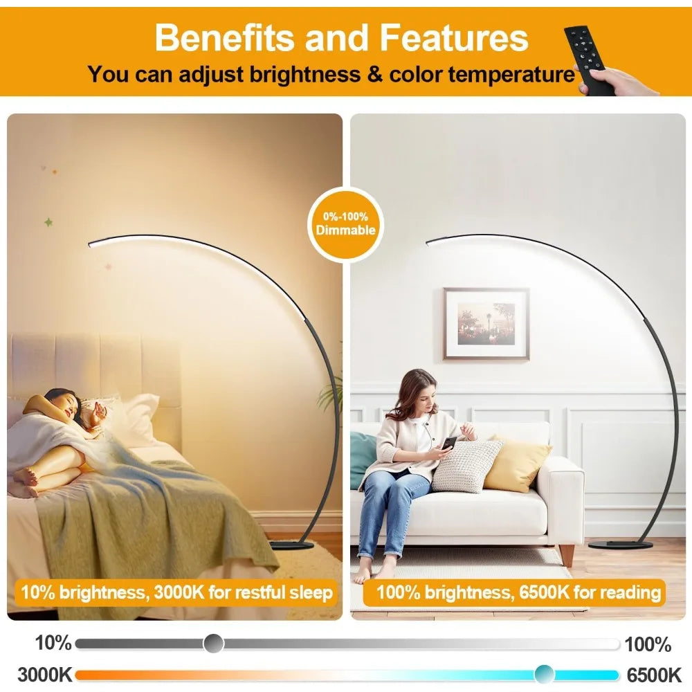 LED Arc Floor Lamp: 2000LM, 3-Color Adjustable Light