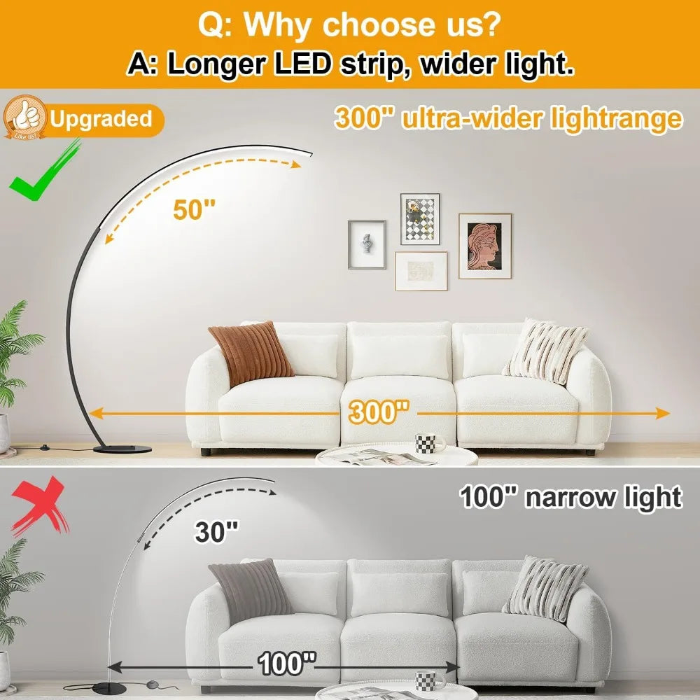 LED Arc Floor Lamp: 2000LM, 3-Color Adjustable Light