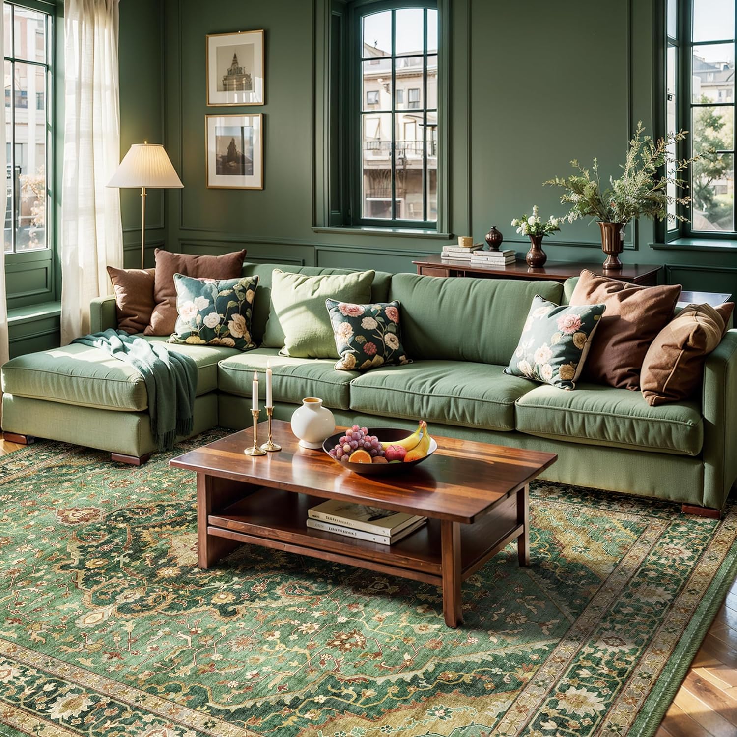 Green Vintage Area Rug 5x8 - Washable & Non-Slip