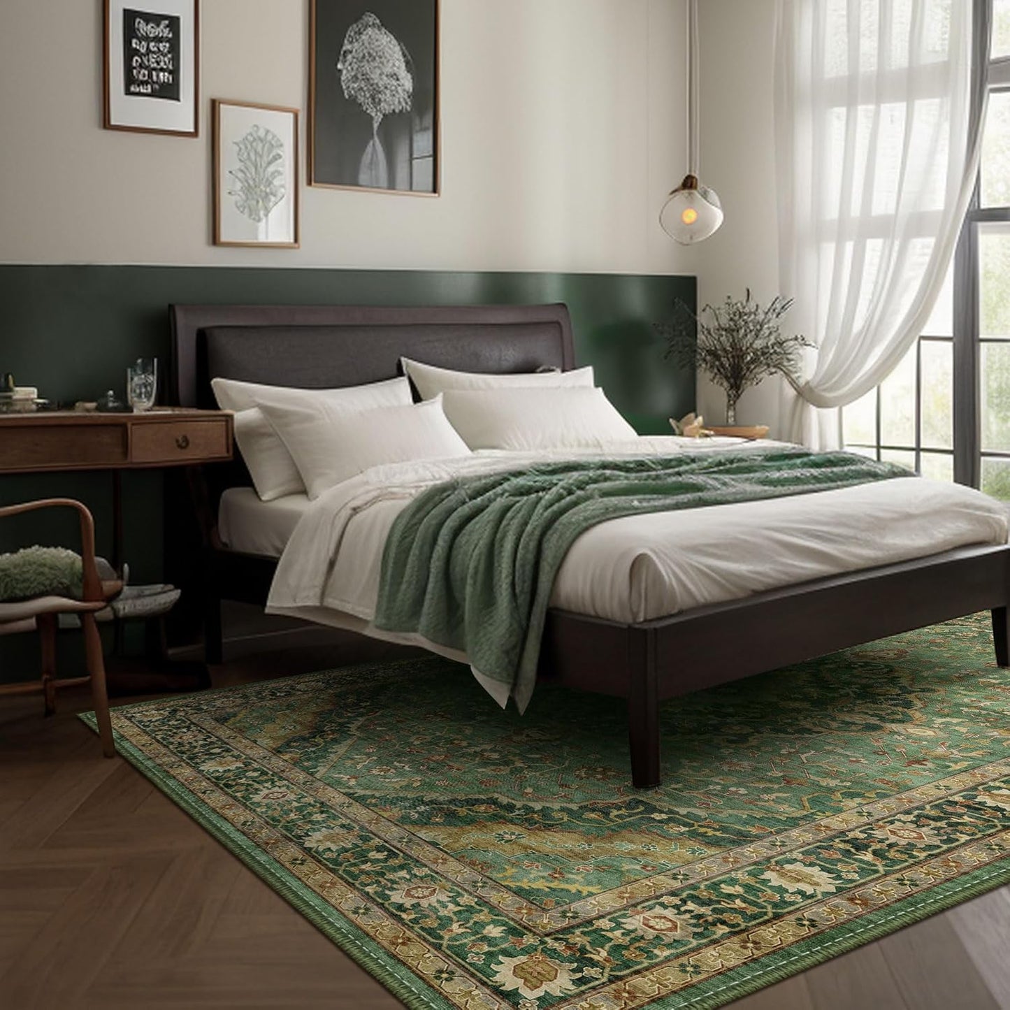 Green Vintage Area Rug 5x8 - Washable & Non-Slip